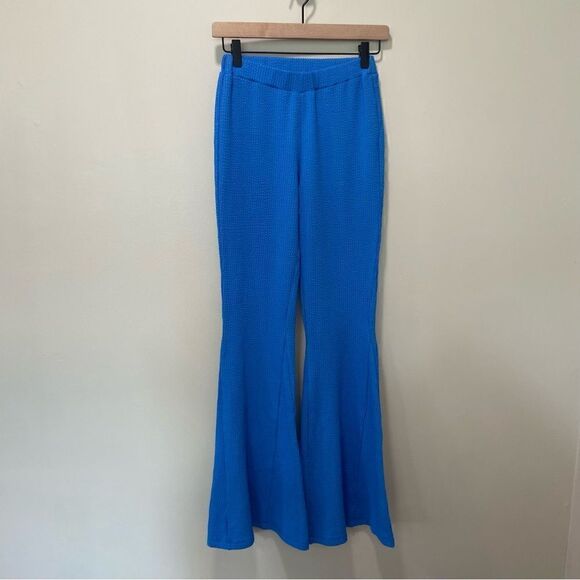 NWT Urban Outfitters Ribbed Stretchy Flare Pants Blue sz S - Picture 1 of 6